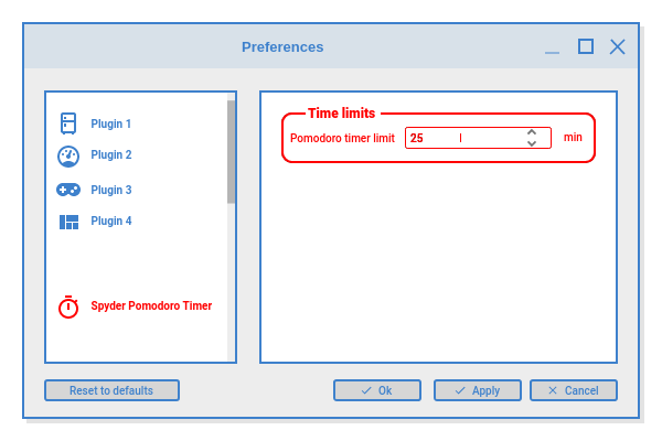 Spyder Pomodoro Timer in the preferences window.